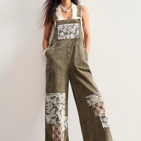 Army Green Casual Womens Boho Woven Loose Washed Patchwork & Lace overalls pants - Picture 2 of 8